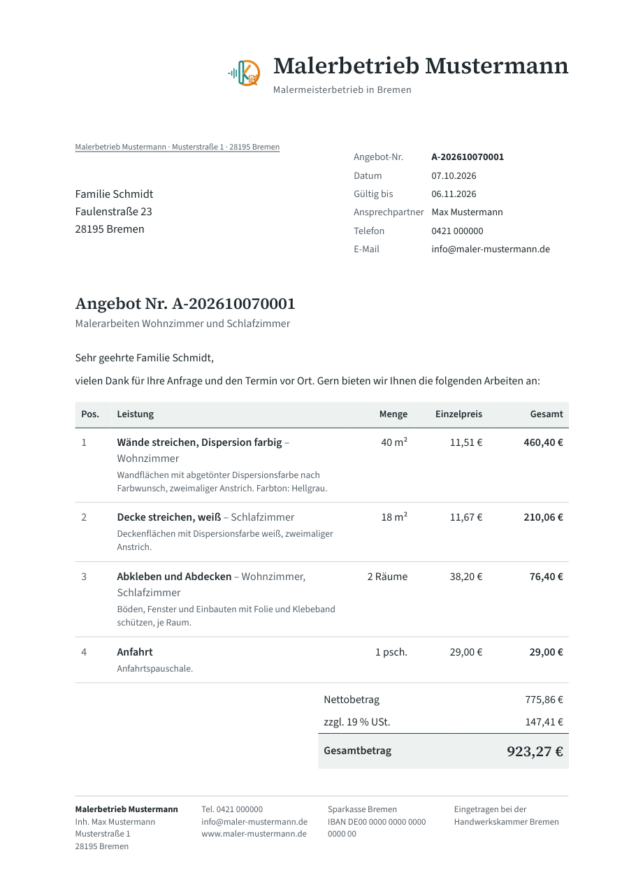 Beispielangebot als PDF mit Briefkopf, Positionen, Netto, Umsatzsteuer und Gesamtbetrag